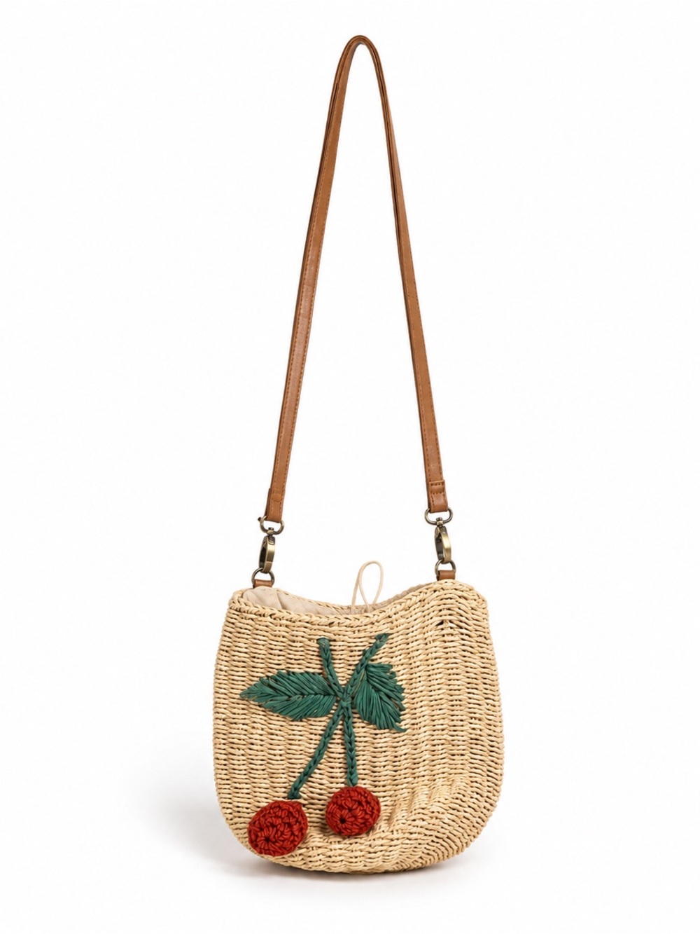 Straw Cherry Crossbody Bag - Natural with Green & Red